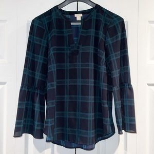 J. Crew Plaid navy Blue Green Blouse Shirt Bell Sleeves small